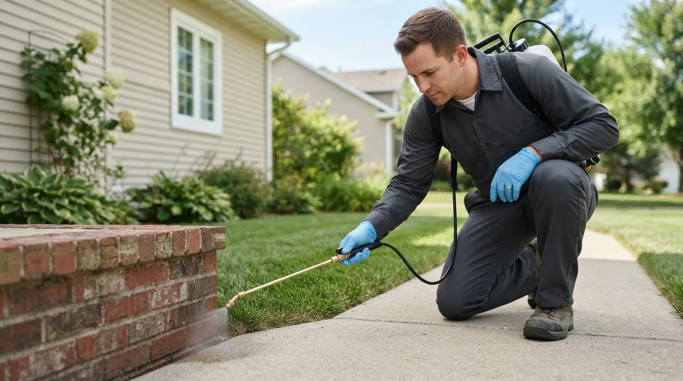Pest control technician treating a home near Chesterfield, IL